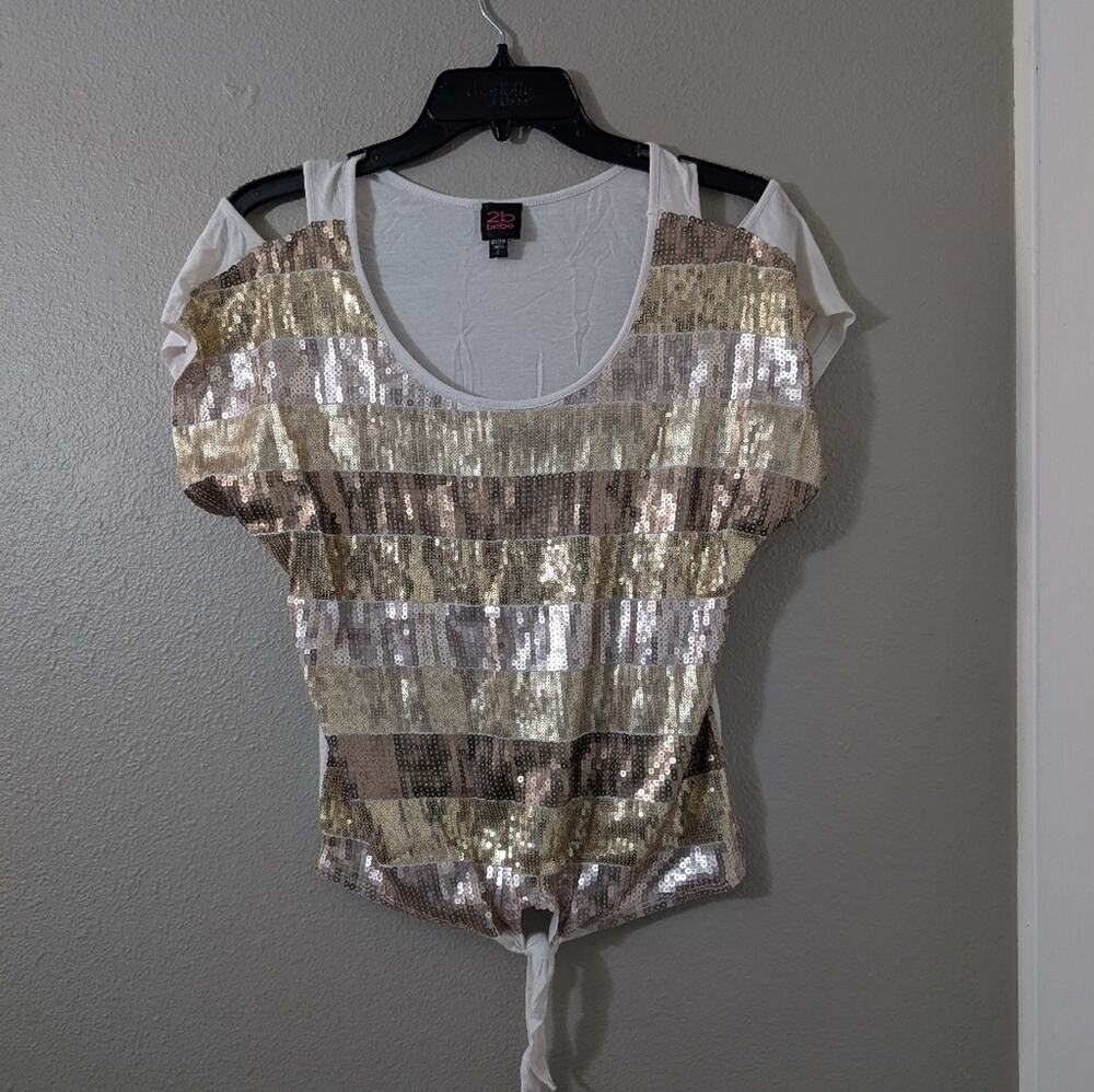 2B Bebe Sequin Striped Women's Top Cold Shoulder